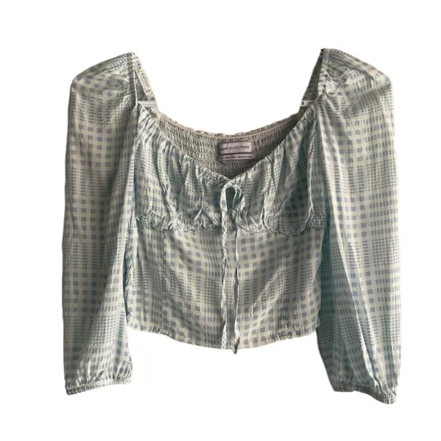 Urban Outfitters Cropped Top Off Shoulder Blue Plaid Poof Sleeves Smocked Back S