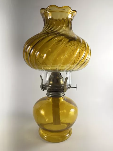 Vintage Yellow - Amber Glass Kerosene Oil Lamp with Chimney 11 1/2"