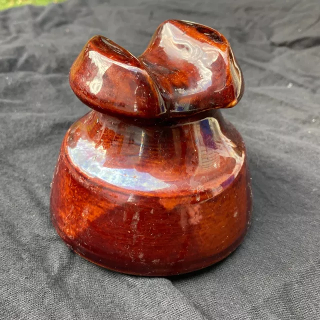 Glazed Brown Ceramic Porcelain Electrical Insulator 3" Vintage