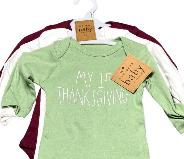 3 RAE DUNN 0-3 mo Newborn Boy Girl Baby’s 1st Thanksgiving Bodysuits Rompers NWT