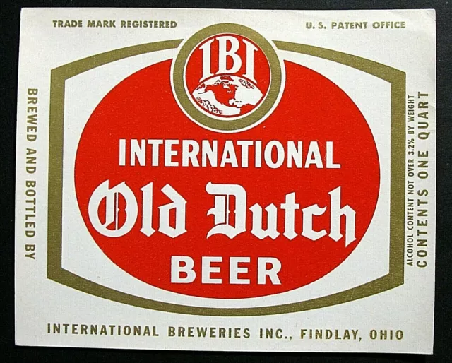 International Breweries OLD DUTCH BEER white beer label Findlay OH 32oz