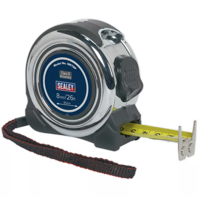 8m Professional Tape Measure - Rubberised Chrome Body - Metric & Imperial