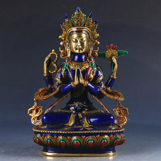 Tibet Cloisonne Four-armed Avalokitesvara Tibetan Buddhist Buddha Statue