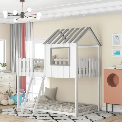 Twin Size Bunk Beds House Bed Rustic Fence-Shaped Wooden Bunk Beds Gray/White