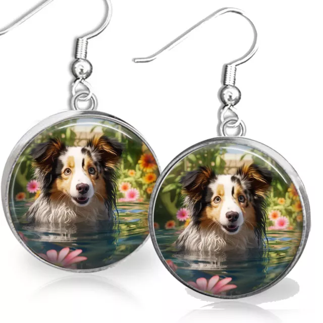 Swimming Shetland Sheepdog Sheltie Puppy Dog Mom Gift .925 Dangle Earrings