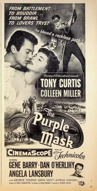 1955 The Purple Mask w/ Tony Curtis Colleen Miller Gene Barry 50s Movie Print Ad