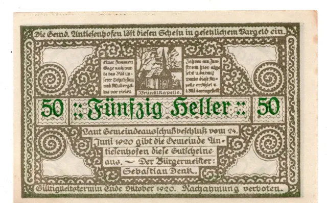 Austria Notgeld Antiesenhofen 50 Heller personnage 1920 (B312)