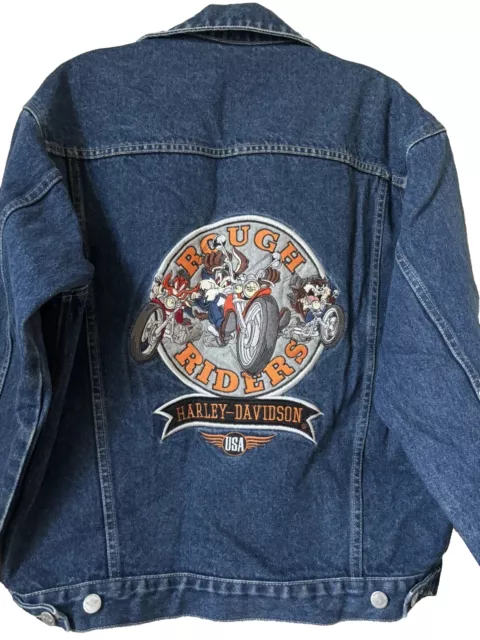 Vtg Y2K Harley Davidson Warner Bros Looney Tunes Trucker Denim Jean jacket EUC S