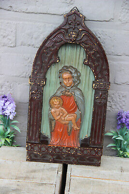 Antique French wood carved wall neo gothic chapel madonna child figurine angel