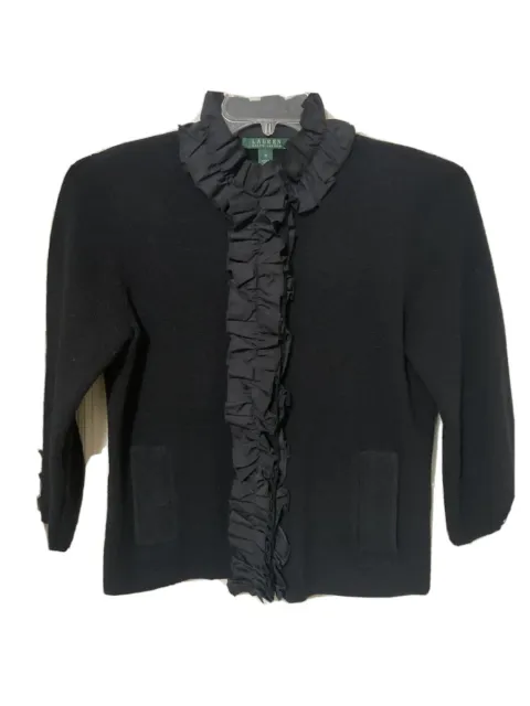 Lauren Ralph Lauren Ruffle Front Cardigan Sweater Jacket Black Sz M Coquette