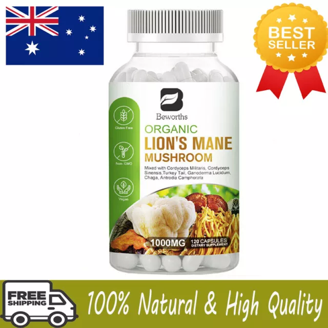 120 Capsules Lions Mane Mushroom 1000Mg Immune Boost,Memory &amp; Brain Support