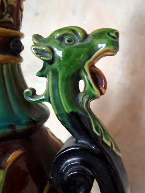 Antique MAJOLICA VASE Dragon Handles Wilheim Schiller & Son Austria 1880's rare 3