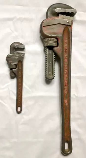 Vintage RIDGID Pipe Wrenches 8" and 18" Made in USA - Set of 2