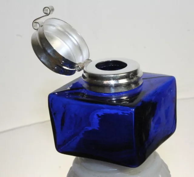 Lot of 2 Vintage Antique Style Square Cobalt Blue Glass Inkwell Bottle ink