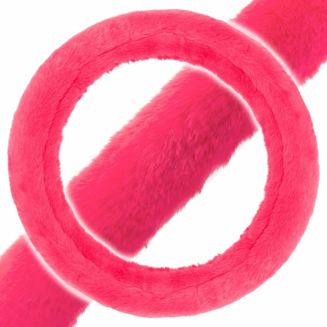 Soft Plush Luxurious Faux Wool Steering Wheel Cover for Car Truck SUV - Hot Pink
