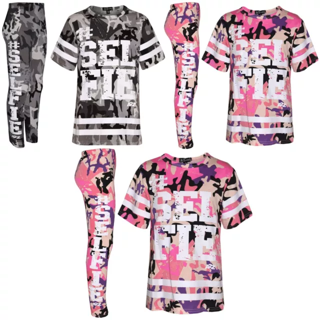 Girls Top Kids Designer's #Selfie Camouflage T Shirt Top & Legging Set 7-13 Year