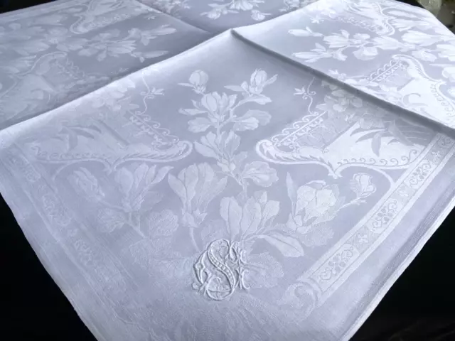 Jugendstil Seidenleinen Damast Tafelservietten 3 Stück floral um 1900