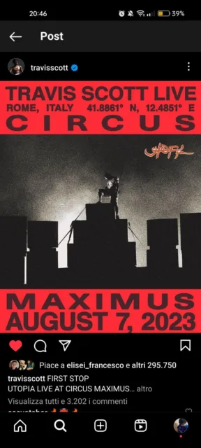 Biglietto concerto Travis Scott ROMA Circo Massimo 7 Agosto 2023
