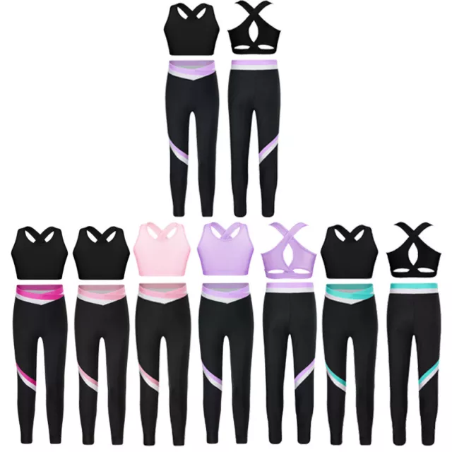 Kids Girls Set Sports Dancewear Tights Outfits Contrast Color Activewear Pants
