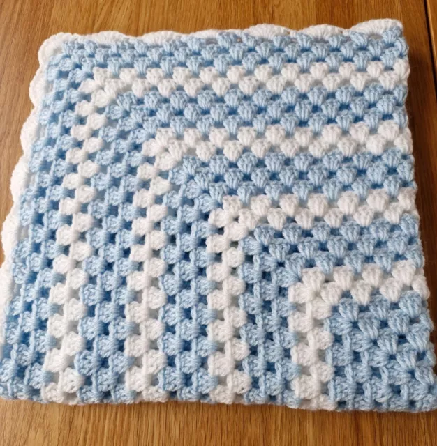 Lovely Hand crochet baby blanket in Blue and white.