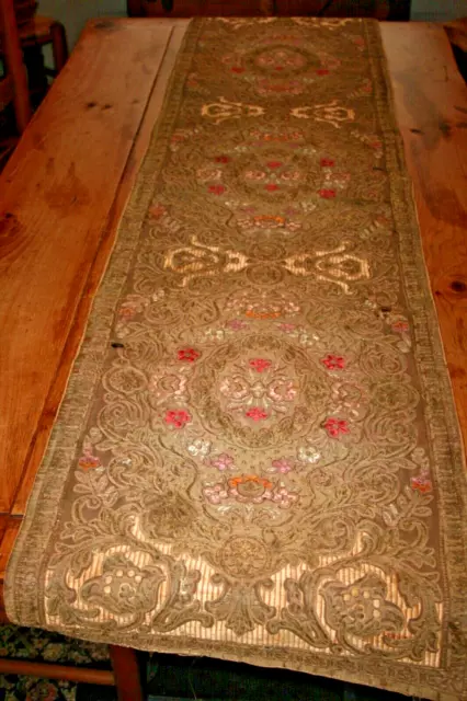 Antique French Embroidered Metallic Runner Textile Panel Embroidery Silk Europe