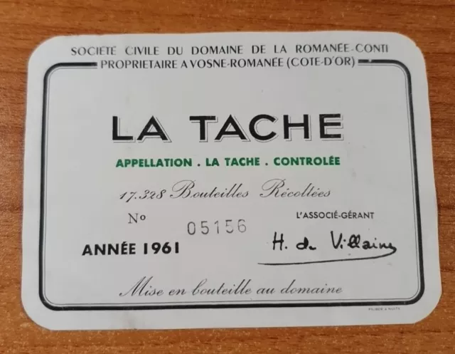 Etiquette de vin LA TACHE (DRC Romanée Conti) 1961 décollée rare