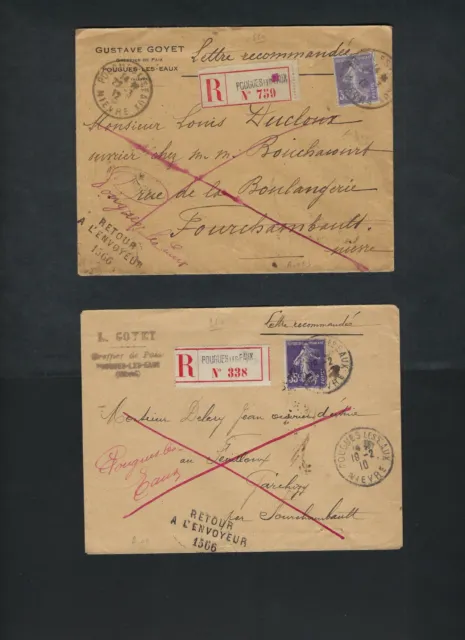 2 Lettres  1910 - 1912 POUGUES - LES - EAUX avec REFUSE & NON RECLAME . LOT 237