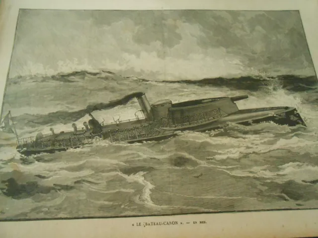 Gravure 1887 - Le Bateau Canon en Mer