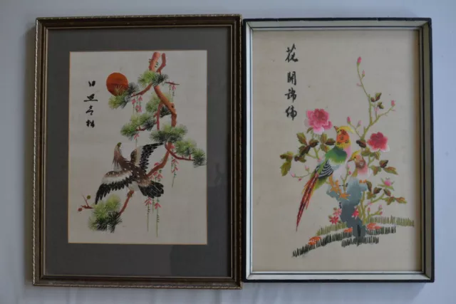 Framed Oriental Silk Hand Made Embroidered Pictures of Bird Scenes