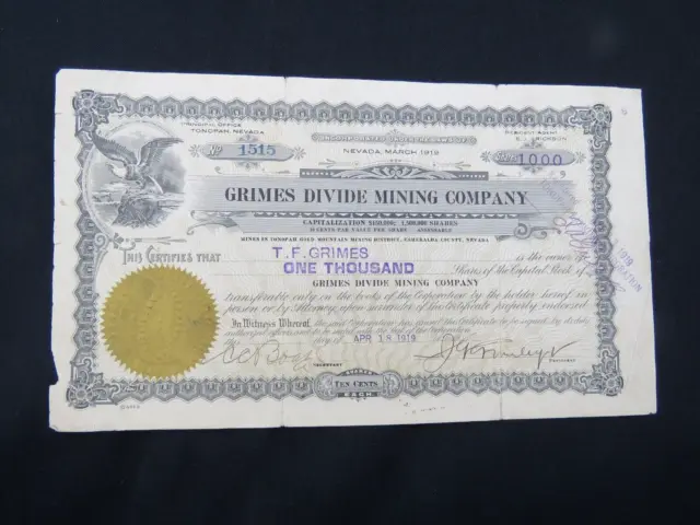 Grimes Divide Mining Company 1919 Stock Certificate, Nevada NV 1000 Shares
