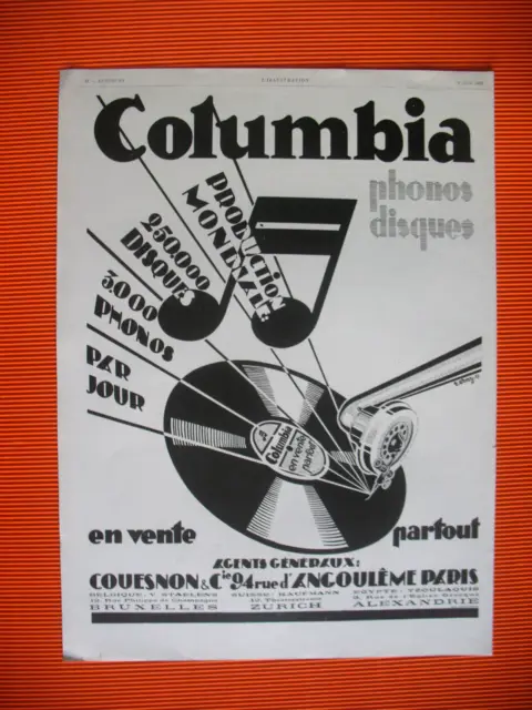 Publicite De Presse Columbia Phonos Disques Illustration Erny Ad 1928