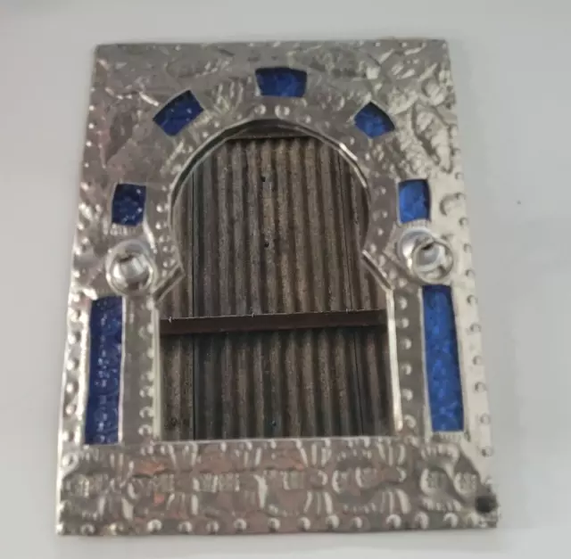 Vintage Silver Metal Framed Arch Wall Mirror Blue Accents Repousse Metal 23.5x30