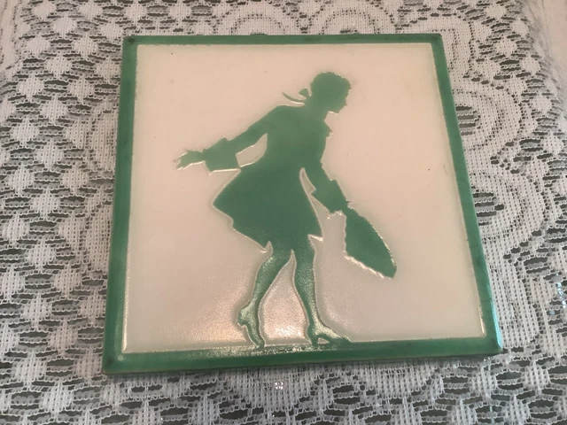 Vintage Antique Green & White Colonial Man Gentleman Silhouette Tile