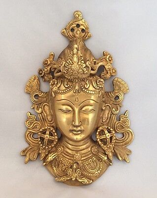 HEAVY 8.5'' TIBETAN BUDDHA FACE Tara Devi HEAD WALL Hanging BRASS Shamanism Gold