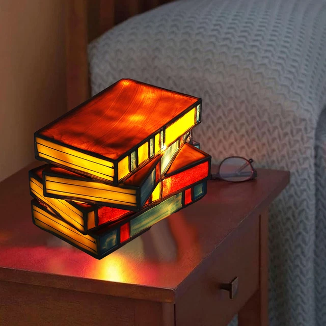 Colorful Stained Glass Books Lamp Vintage Table Bedside Reading Lamp