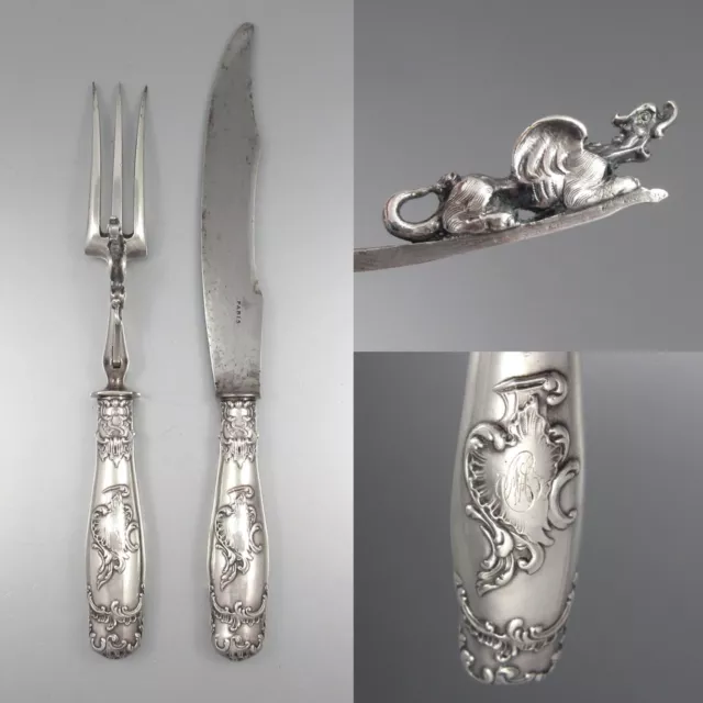 Antique French Rococo Sterling Silver Clad Carving Set, Gargoyle Chimera Dragon