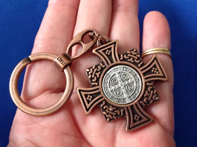 Antique Copper St BENEDICT KEYCHAIN Medal Protection Saint Metal Key Ring ITALY