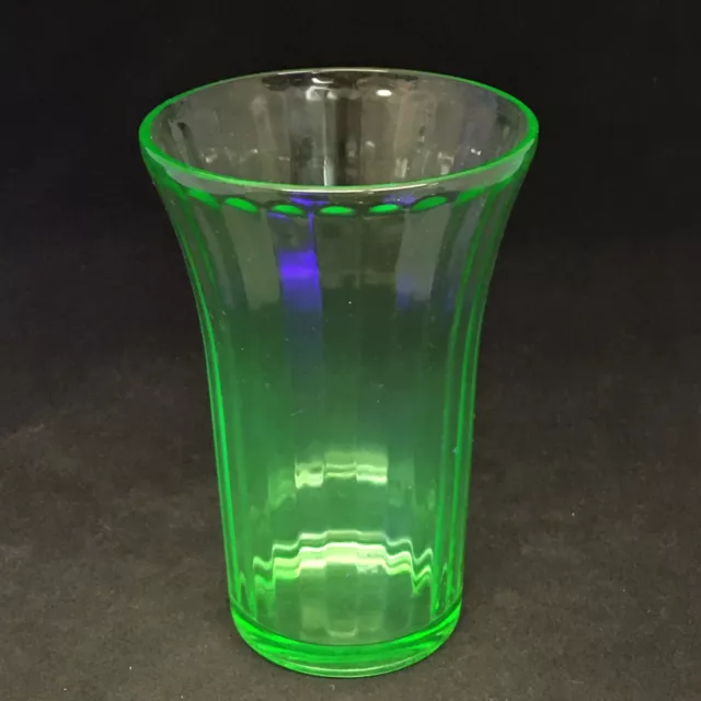 Vintage Uranium Vaseline Drinking Glass Optic Rib Pattern 4.5" Glows Beautifully