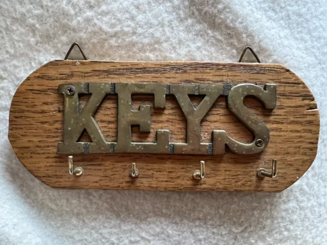 Mid Century Brass Wood Base Wall Mount Key Holder  4 hooks 50’s Decor