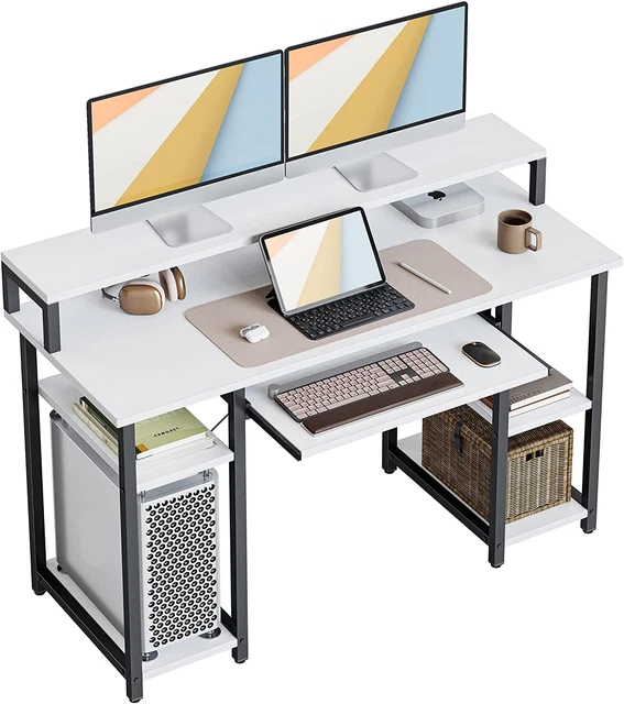 47 Inch Computer Desk with Storage Shelves Monitor Stand Keyboard Tray, Home Off