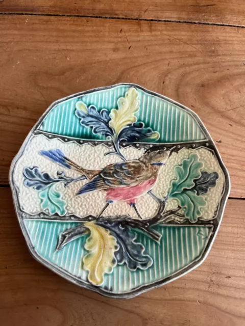 assiette ancienne N55 barbotine oiseau