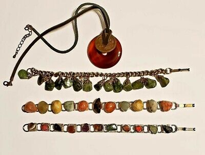 Vintage Jewelry - Polished Precious Stones Bracelets and Necklace Lot of 4 items