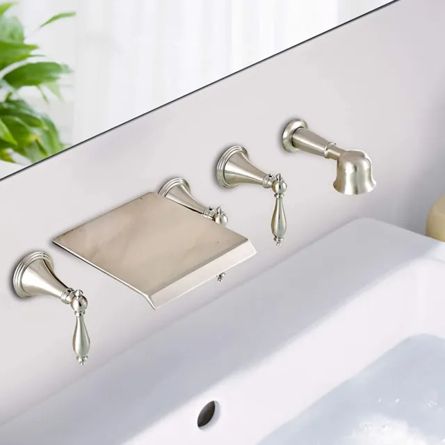Brushed Nickel Waterfall Bathtub Filler Faucet Wall Mount Tub Spout with Shower