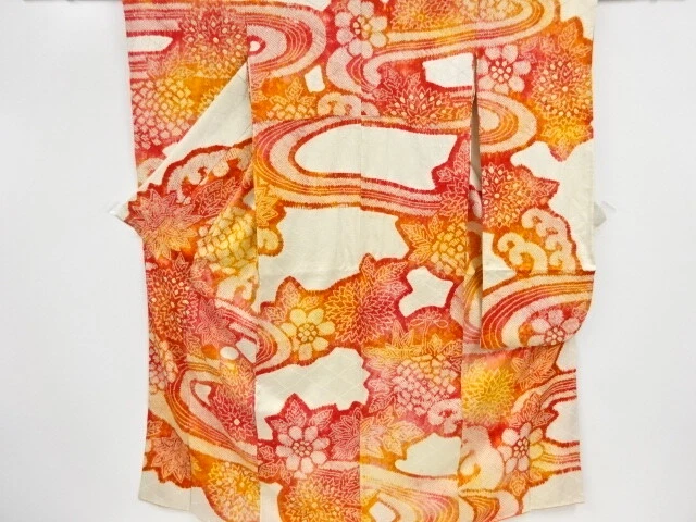 46790# Japanese Kimono / Antique Furisode / All Shibori / Flower & Stream