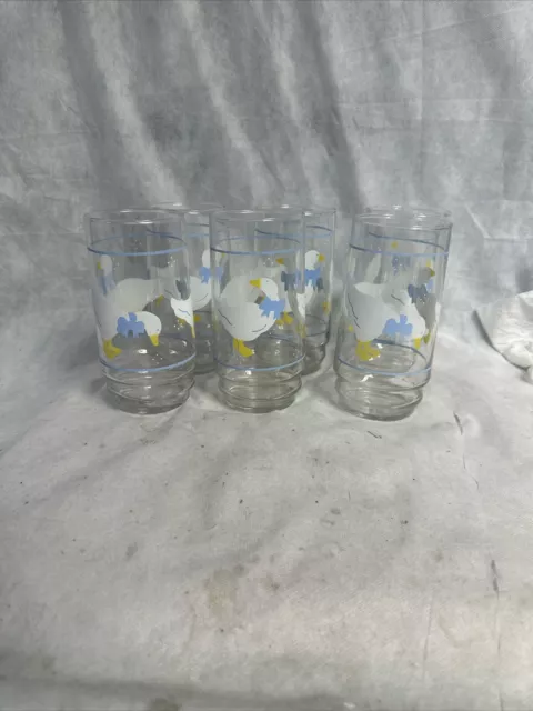 Vintage Libbey Geese Goose Blue Bows tall Drinking Juice Glasses Set Of 6 1980s