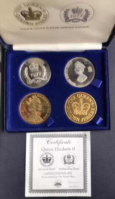 UK Queen Elizabeth II Silver 1977 & Golden 2002 Jubilee Medal Set ~ COA ~ Cased