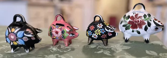 4 VTG Mexican Tonala Art Pottery Piggy Bank Hand Painted Ceramic Clay Lot *LOOK*