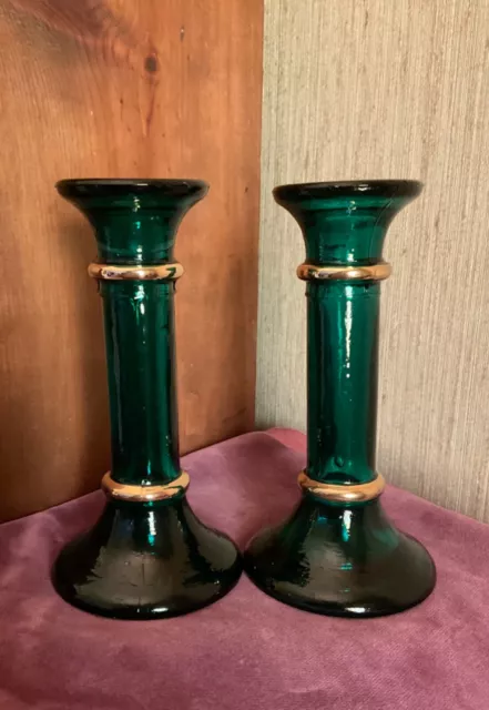 Pier 1 Green Teal 6" Glass Candlestick Holders with Gold Trim Vintage 90s Spain