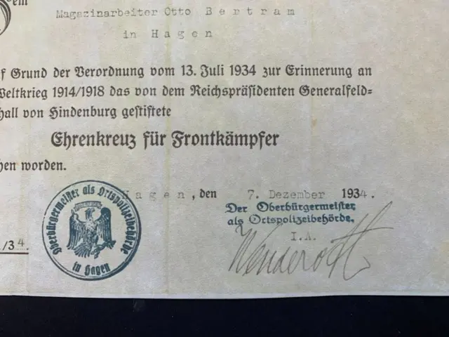 Wwi German. Hindenberg Cross & Certificate Of Issue -:-  Nice Genuine Condition. 3