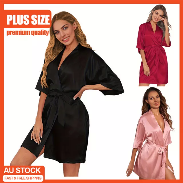 Plus Size Women Satin Silk Robe Dressing Gown Bathrobe Lingerie Sleepwear Kimono